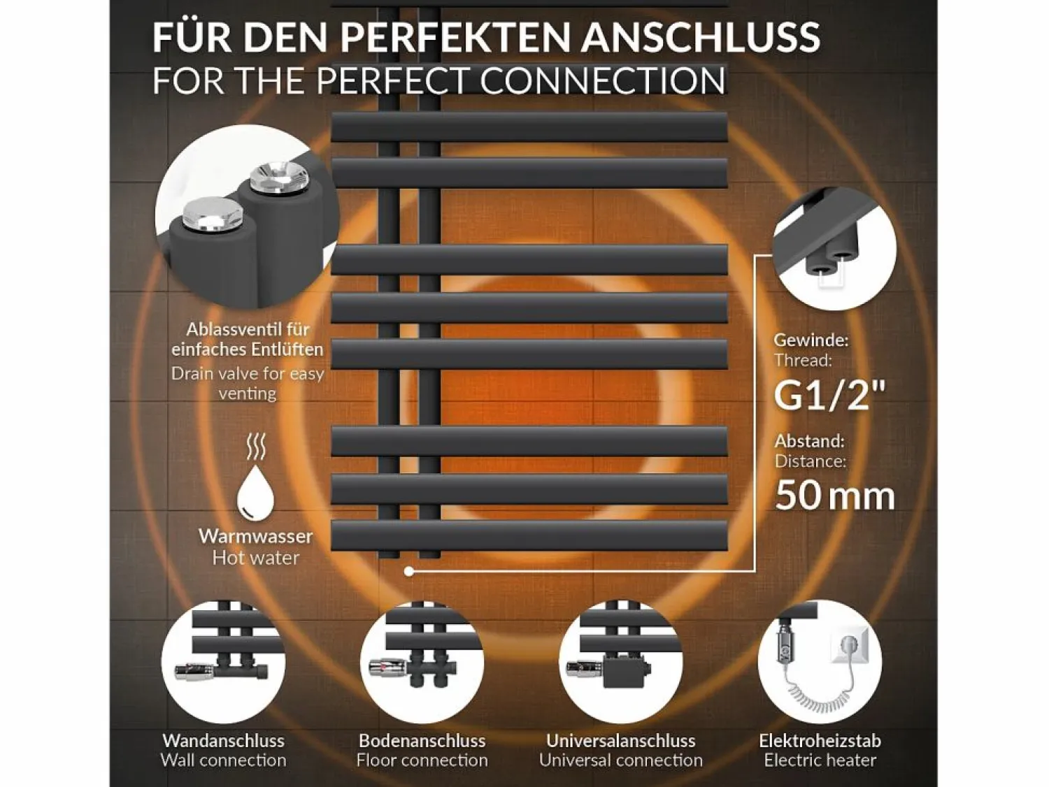 Discount Radiador de panel antracita para baño 500x1600mm con conexión central al suelo Toallero Eléctrico