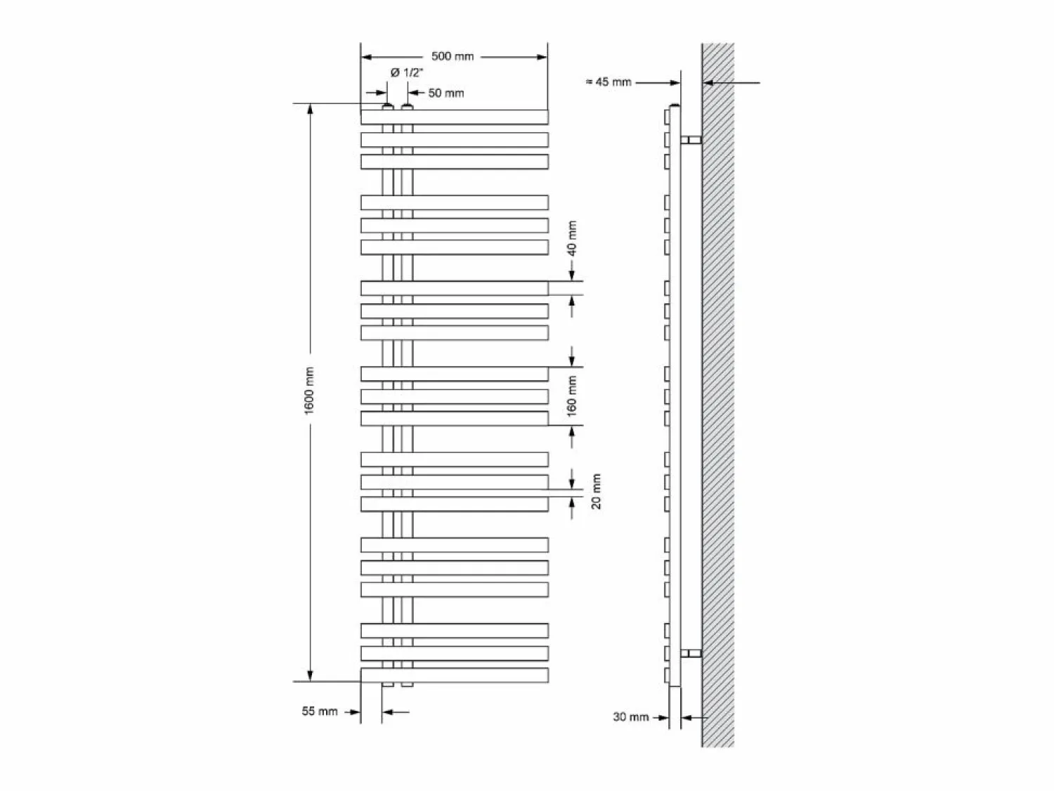 Discount Radiador de panel antracita para baño 500x1600mm con conexión central al suelo Toallero Eléctrico