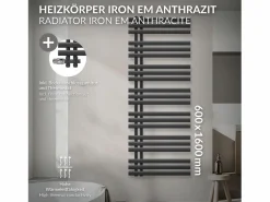 LuxeBath Radiador de panel antracita para baño 600x1600mm con conexión central al suelo