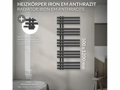LuxeBath Radiador de panel antracita para baño 500x1200mm con conexión central universal