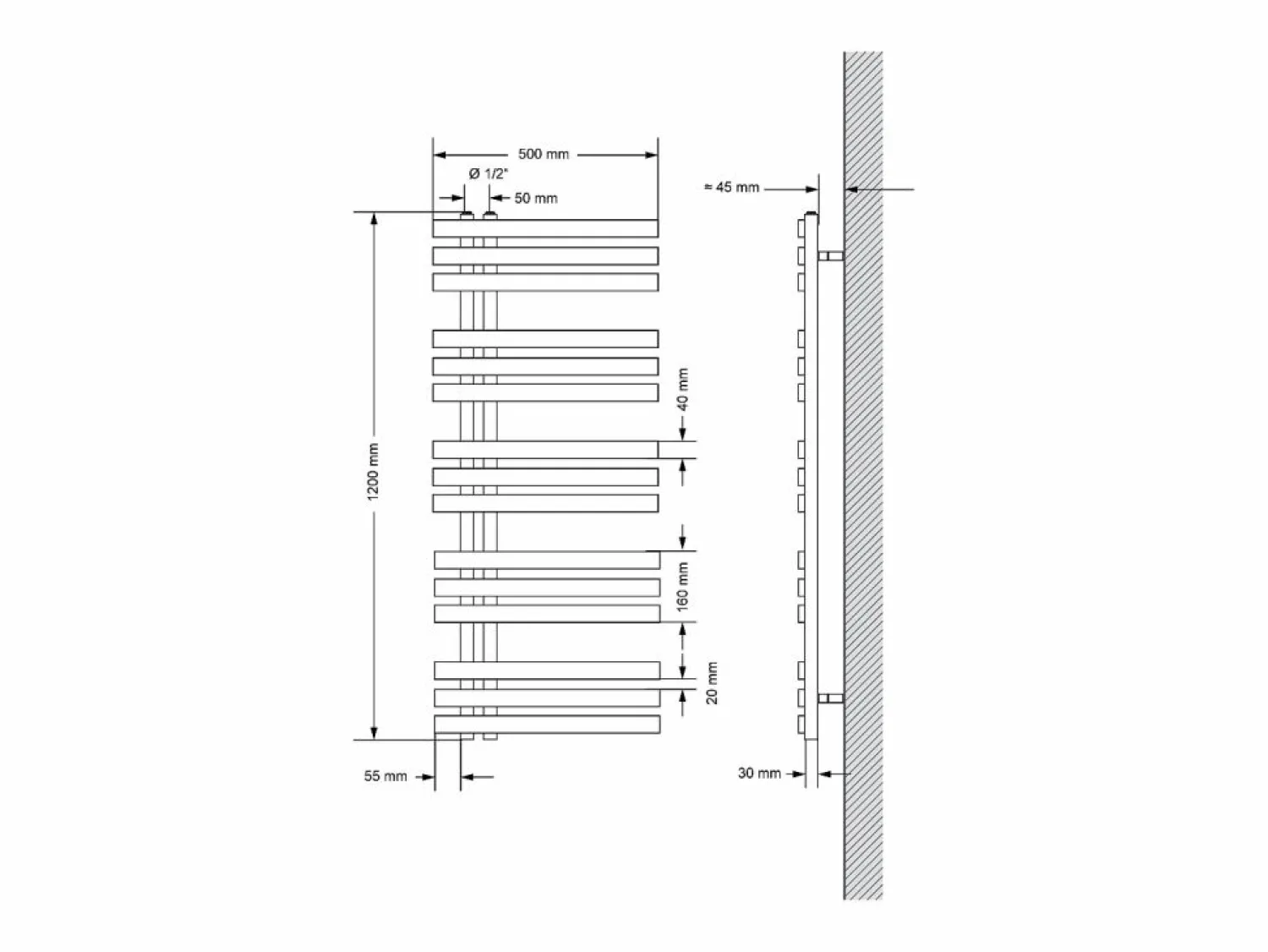 LuxeBath Radiador de panel antracita para baño 500x1200mm con conexión central universal