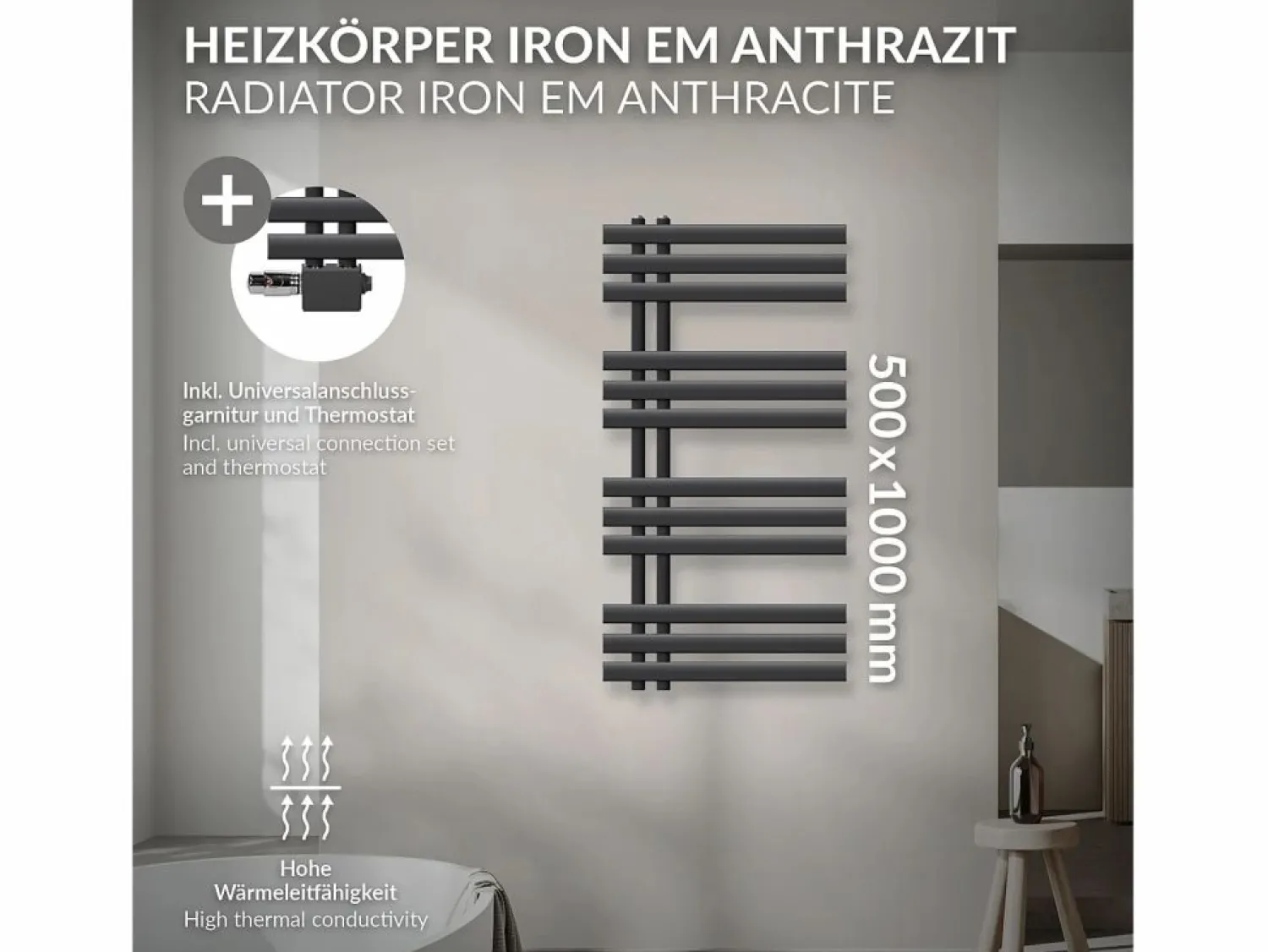 Best LuxeBath Radiador de panel antracita para baño 500x1000mm con conexión central universal Gris antracita
