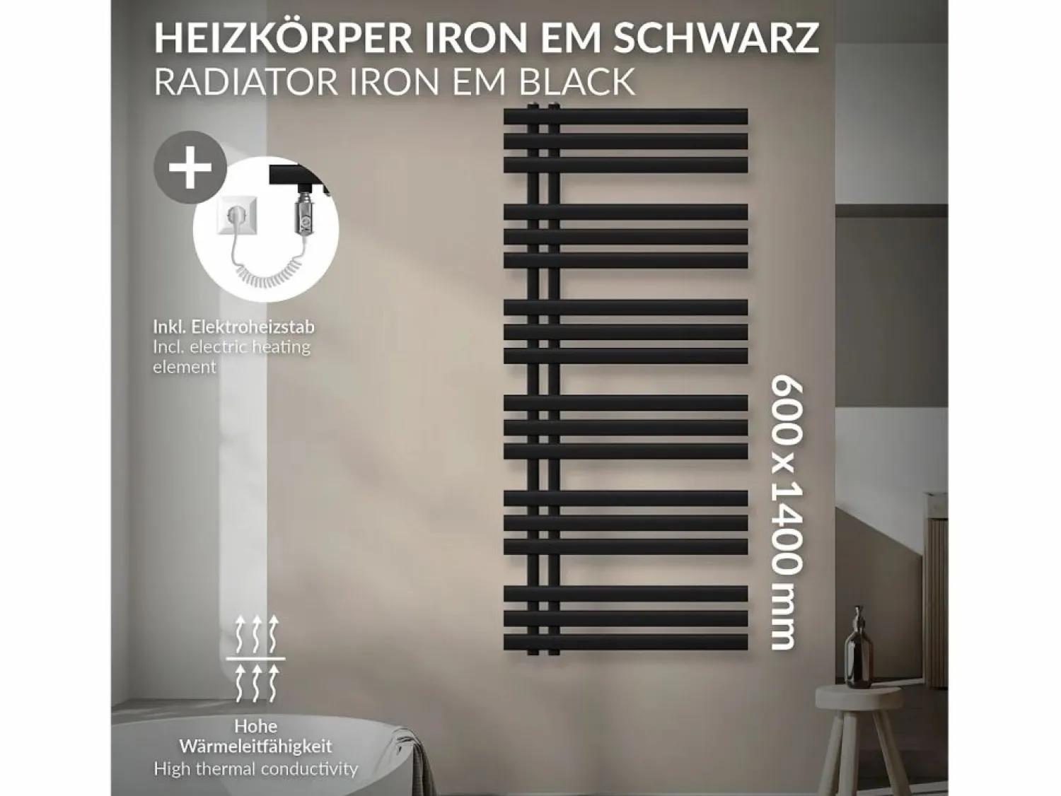 Discount Radiador toallero eléctrico mate 600x1400mm con elemento calefactor 1200W Toallero Eléctrico