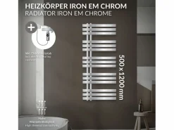 Best LuxeBath Radiador toallero eléctrico cromado 500 x 1200 mm con elemento calefactor 900W Plateado