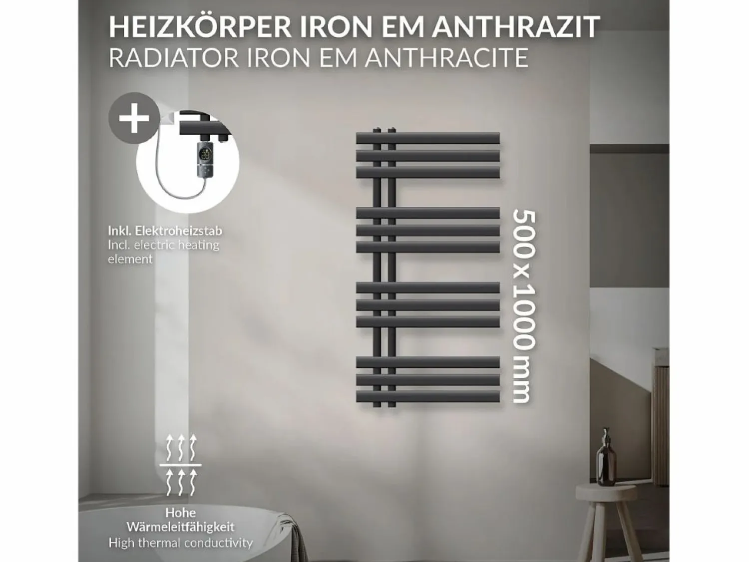 Online LuxeBath Radiador toallero eléctrico antracita 500 x 1000 mm con elemento calefactor 300W Gris antracita