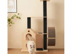 Merax Árbol para gatos con rueda de ejercicio - 80 x 40 x 152 cm - con 4 plataformas + 2 casitas + alfombra rascadora - Madera - Natural