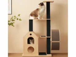Merax Árbol para gatos con rueda de ejercicio - 80 x 40 x 152 cm - con 4 plataformas + 2 casitas + alfombra rascadora - Madera - Natural
