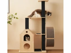 Merax Árbol para gatos con rueda de ejercicio - 80 x 40 x 152 cm - con 4 plataformas + 2 casitas + alfombra rascadora - Madera - Natural