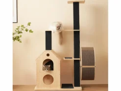 Merax Árbol para gatos con rueda de ejercicio - 80 x 40 x 152 cm - con 4 plataformas + 2 casitas + alfombra rascadora - Madera - Natural