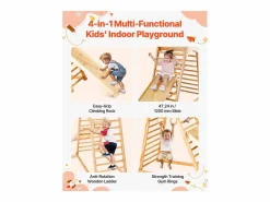Área de Juegos Interior SucceBuy de Madera 4-en-1, con Pared de Escalada, Tobogán, Escalera de Madera y Anillos de Gimnasia, Estructura de Juegos