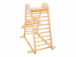 Área de Juegos Interior SucceBuy de Madera 4-en-1, con Pared de Escalada, Tobogán, Escalera de Madera y Anillos de Gimnasia, Estructura de Juegos