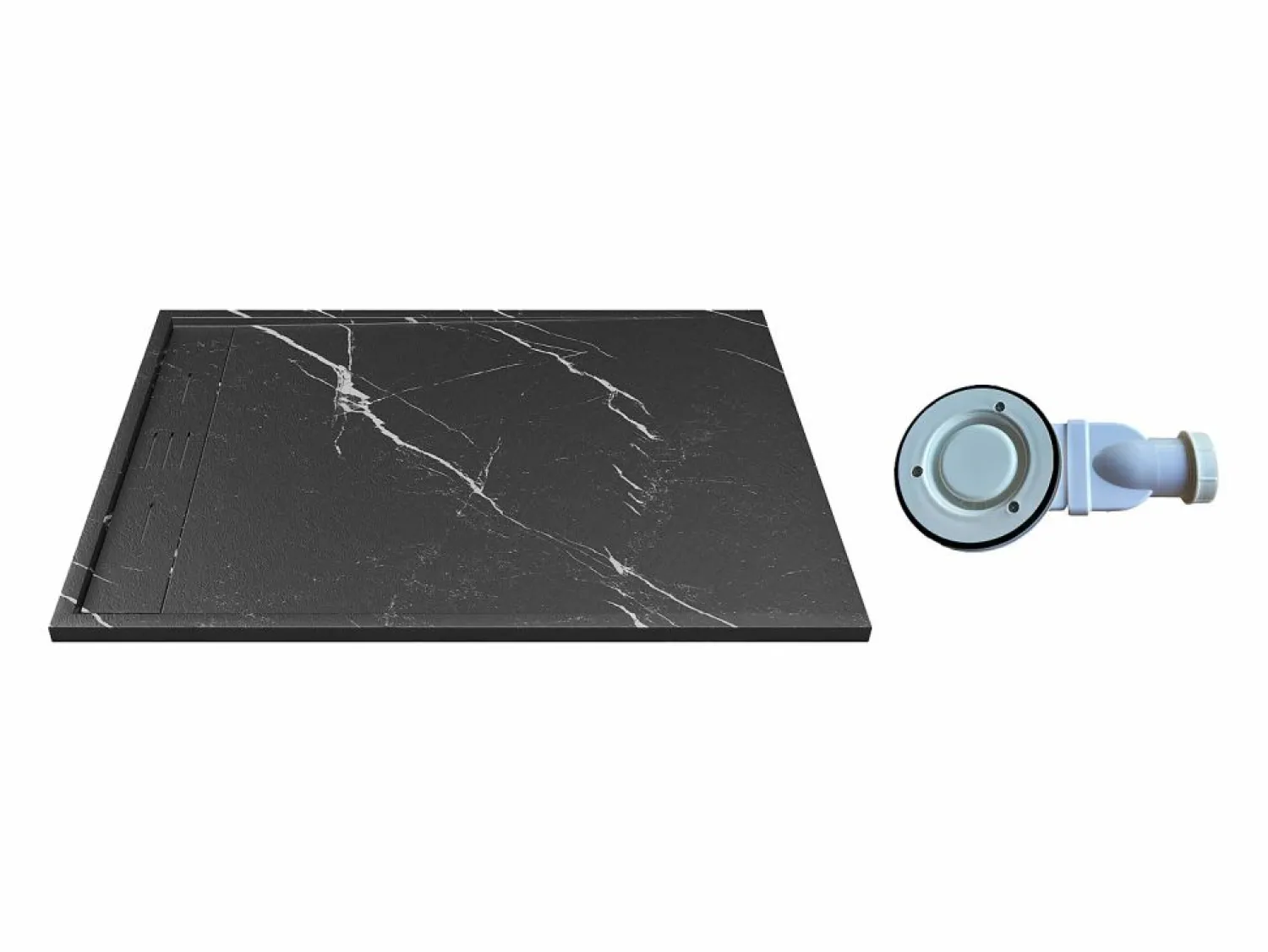 Shower & Design Receptáculo negro marmolado extraplano en resina SMC cortable, con sifón, 140x90 cm, LYROSA