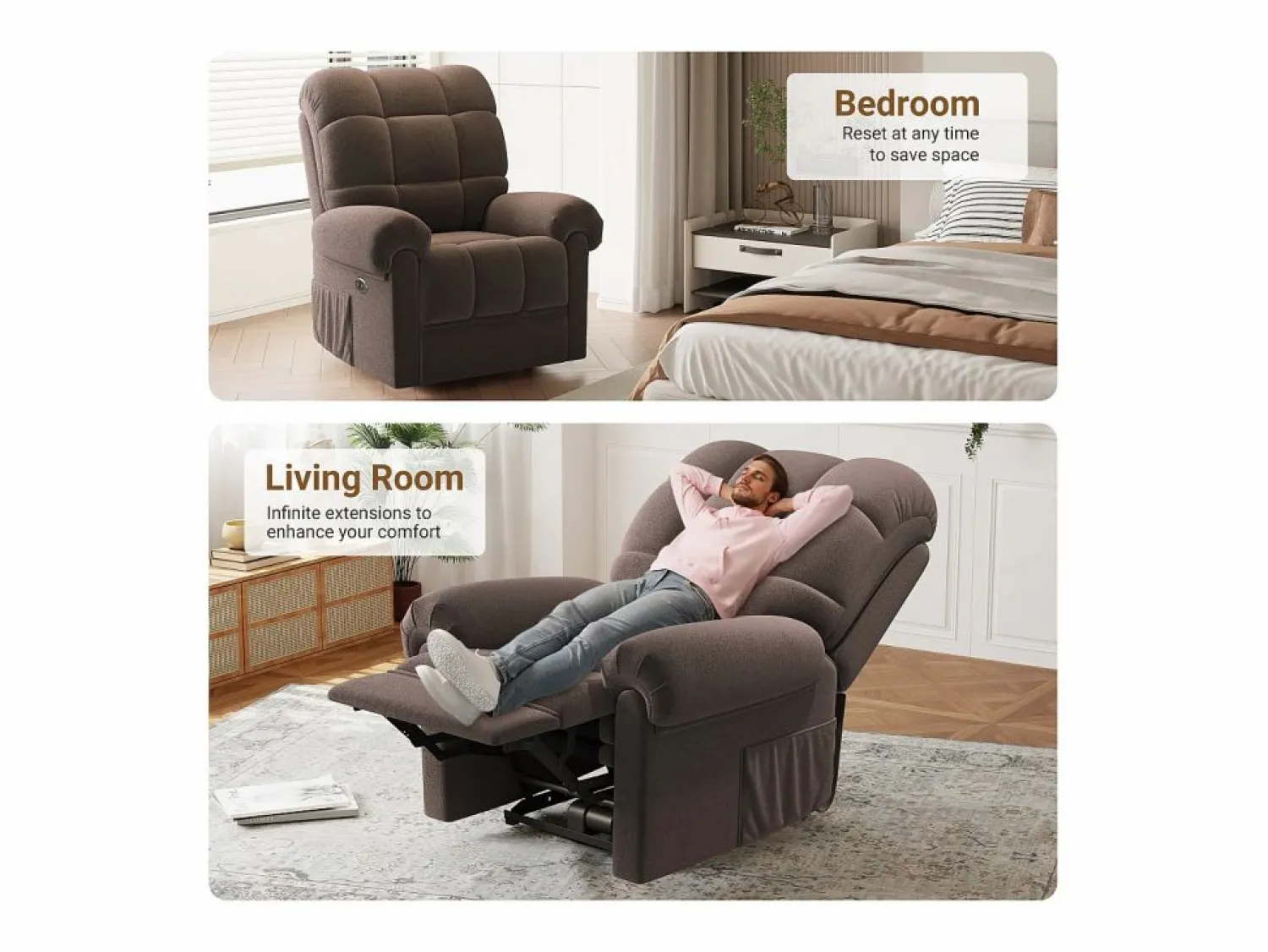 DripeX Relájate sillón de terciopelo eléctrico de teddy, silla de ocio ajustable con USB, anti -estatal con reposapiés - 96x97x104cm marrón