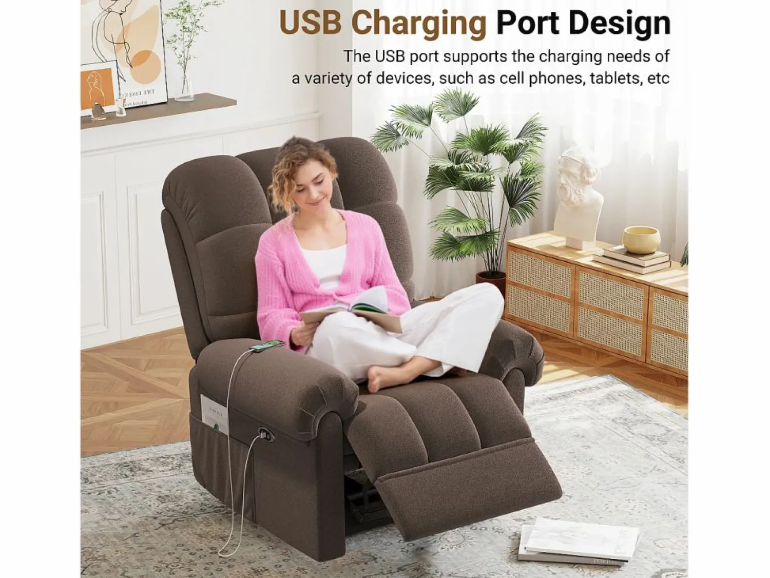 DripeX Relájate sillón de terciopelo eléctrico de teddy, silla de ocio ajustable con USB, anti -estatal con reposapiés - 96x97x104cm marrón