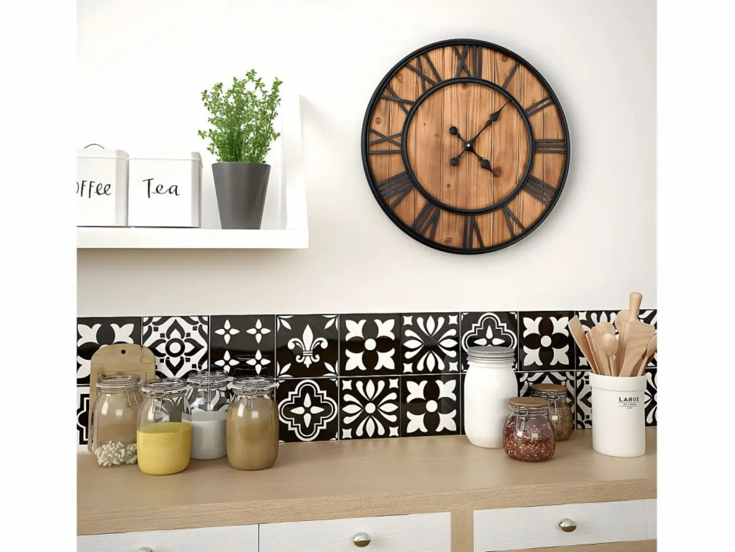 Reloj de pared vintage movimiento cuarzo madera metal 60 cm XXL ES413888