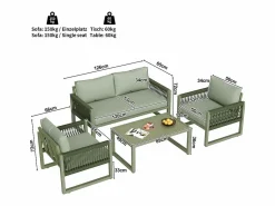 DripeX Salón de jardín 4 plazas metal: 1 sofá 2 plazas, 2 sillones y mesa centro vidrio templado -
