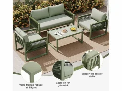 DripeX Salón de jardín 4 plazas metal: 1 sofá 2 plazas, 2 sillones y mesa centro vidrio templado -