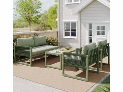 DripeX Salón de jardín 4 plazas metal: 1 sofá 2 plazas, 2 sillones y mesa centro vidrio templado -