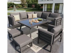 ModernLuxe Salón de jardín, conjunto de muebles para 8 plazas, en hierro galvanizado, 1 sillón y 2 taburetes, sofá de esquina, mesa de comedor, Gris