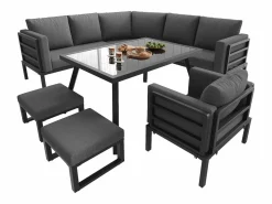 ModernLuxe Salón de jardín, conjunto de muebles para 8 plazas, en hierro galvanizado, 1 sillón y 2 taburetes, sofá de esquina, mesa de comedor, Gris