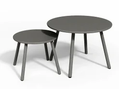 MYLIA Salón de jardín de metal: 2 sillones bajos apilables y mesas apilables