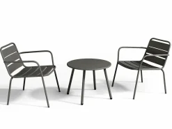 New MYLIA Salón de jardín de metal : 2 sillones bajos apilables y una mesa auxiliar Gris antracita