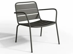 New MYLIA Salón de jardín de metal : 2 sillones bajos apilables y una mesa auxiliar Gris antracita