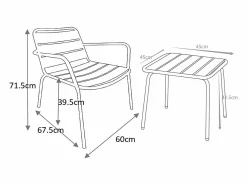 MYLIA Salón de jardín de metal : 2 sillones bajos apilables y 1 mesa auxiliar cuadrada