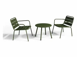 Sale MYLIA Salón de jardín de metal verde kaki: 2 sillones bajos apilables y una mesa auxiliar Caqui