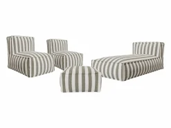 MYLIA Salón de jardín en tela bouclé 4 plazas: 1 Chaise longue, 2 sillones y un puf - Rayas blancas y beige - NOUMARA de