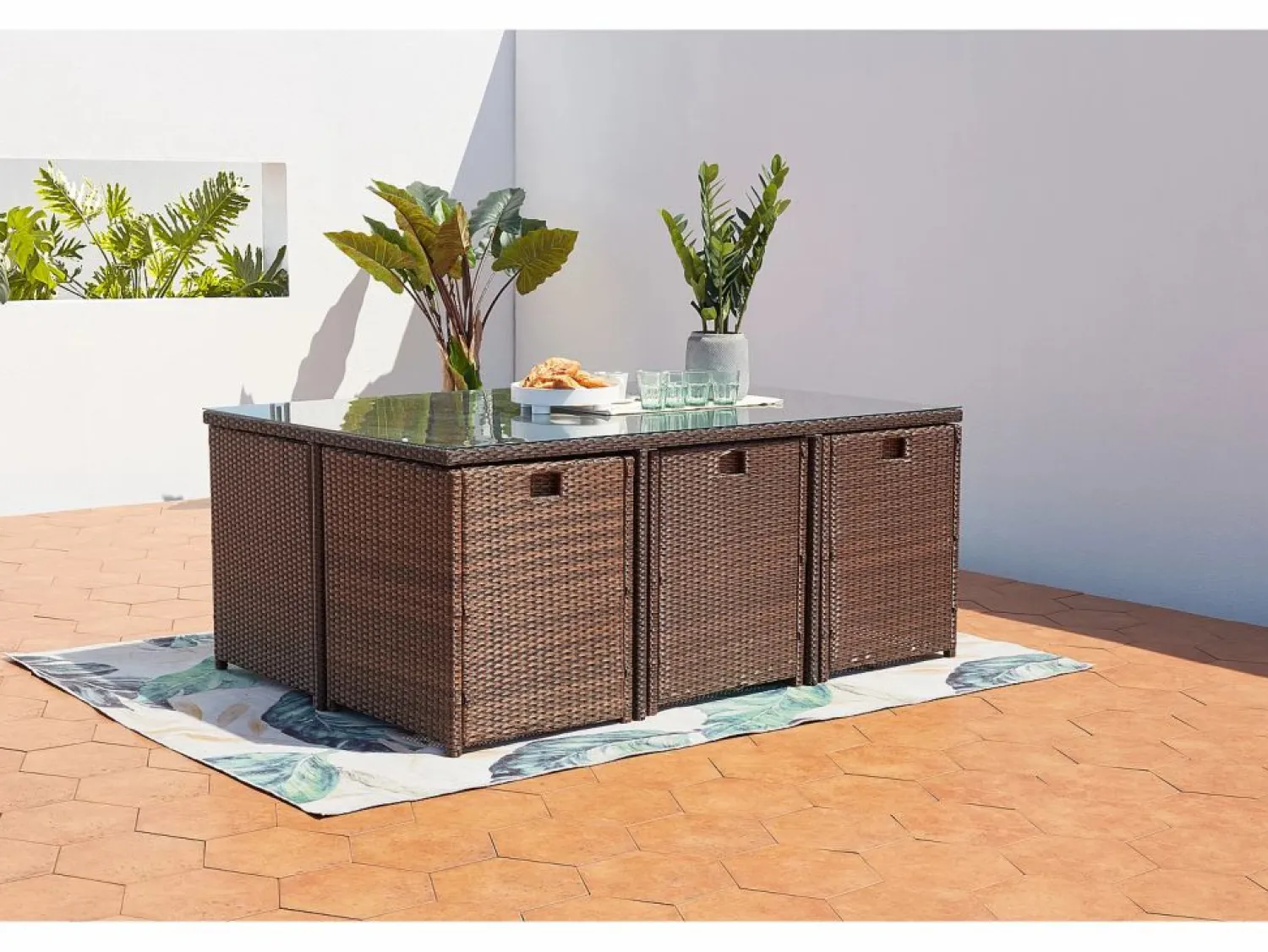 Clearance Concept-Usine Salón de jardín encastrable 10 plazas de resina trenzada marrón/ blanco MIAMI Marru00f3n
