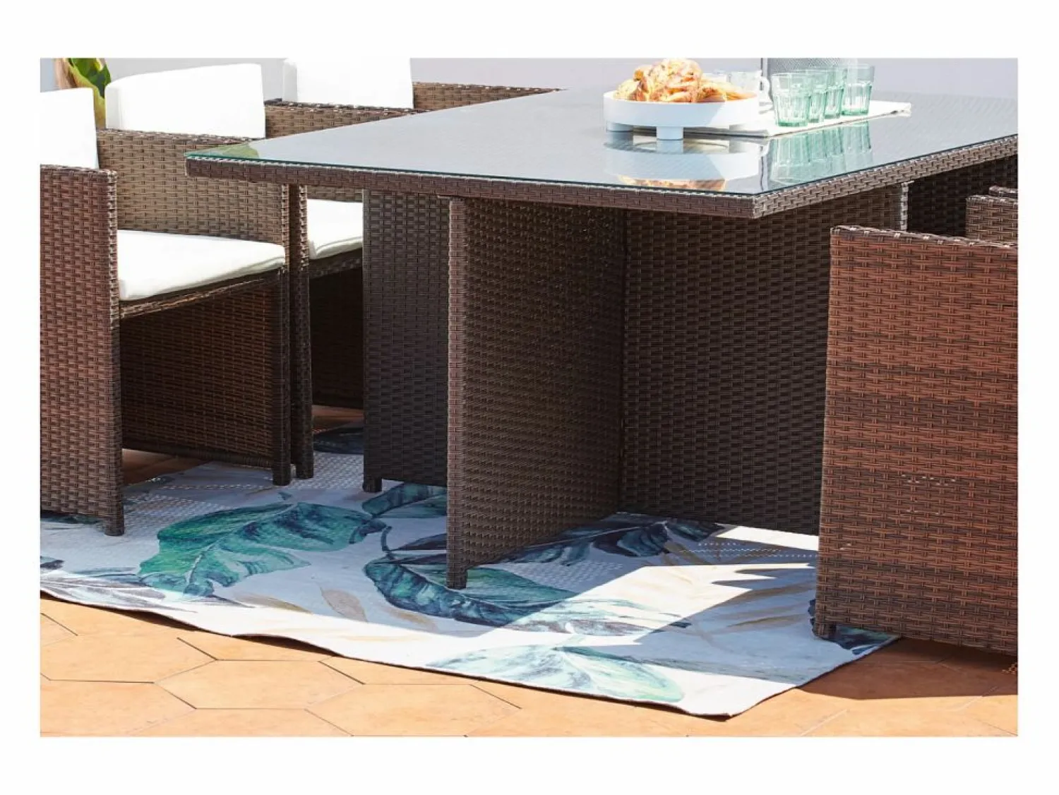 Clearance Concept-Usine Salón de jardín encastrable 10 plazas de resina trenzada marrón/ blanco MIAMI Marru00f3n