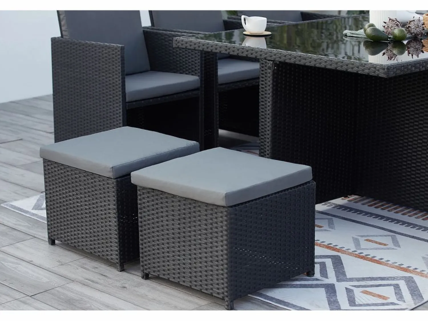 Concept-Usine Salón de jardín encastrable 10 plazas de resina trenzada negro/gris MONACO