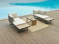 Discount MYLIA Salón de jardín modular de aluminio: 2 sofás y una mesa de centro - Antracita con cojines beige - BAMBAÏA de Gris antracita