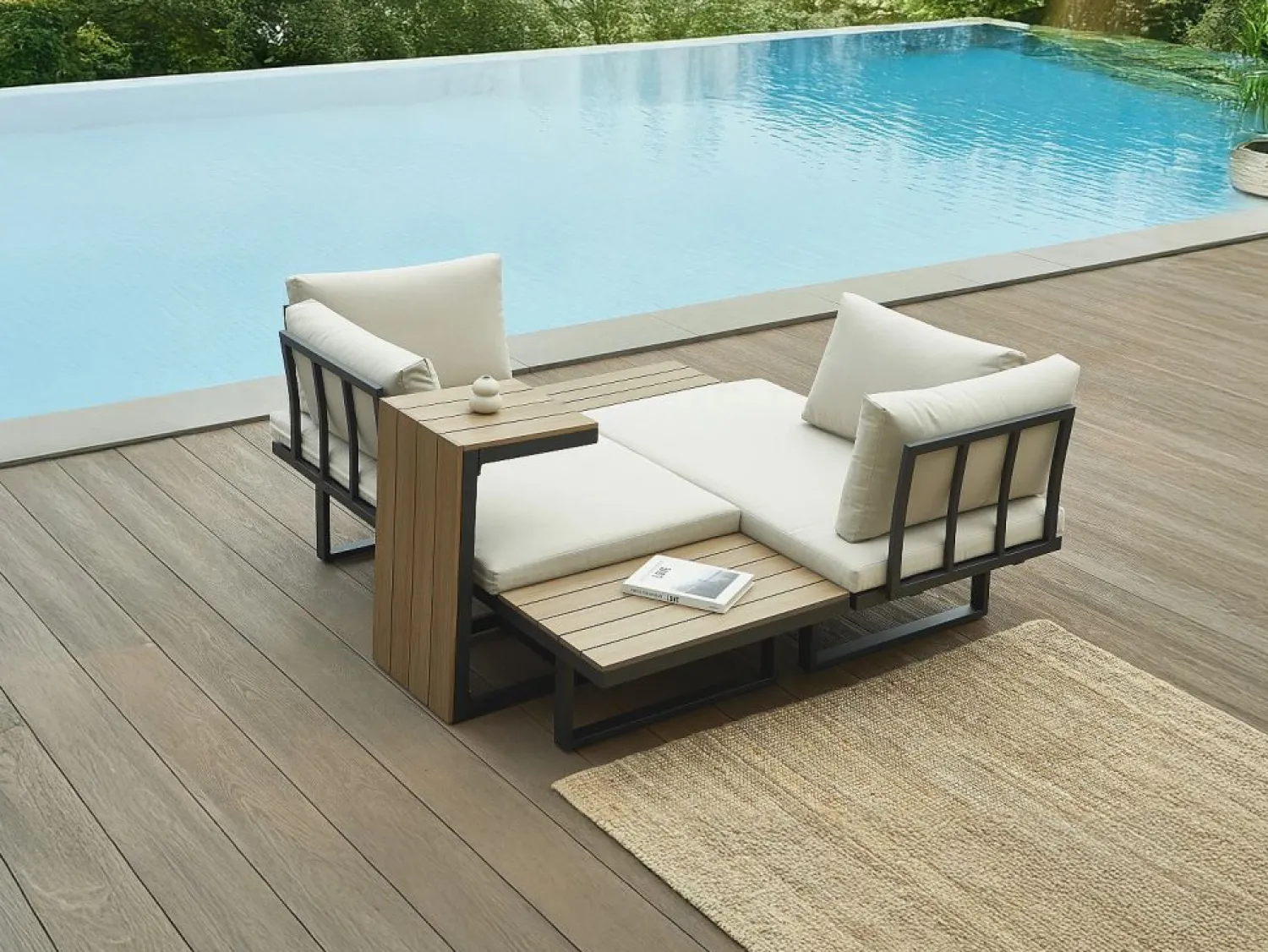 Discount MYLIA Salón de jardín modular de aluminio: 2 sofás y una mesa de centro - Antracita con cojines beige - BAMBAÏA de Gris antracita