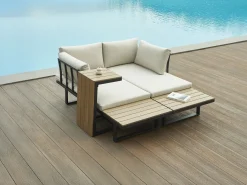 Discount MYLIA Salón de jardín modular de aluminio: 2 sofás y una mesa de centro - Antracita con cojines beige - BAMBAÏA de Gris antracita