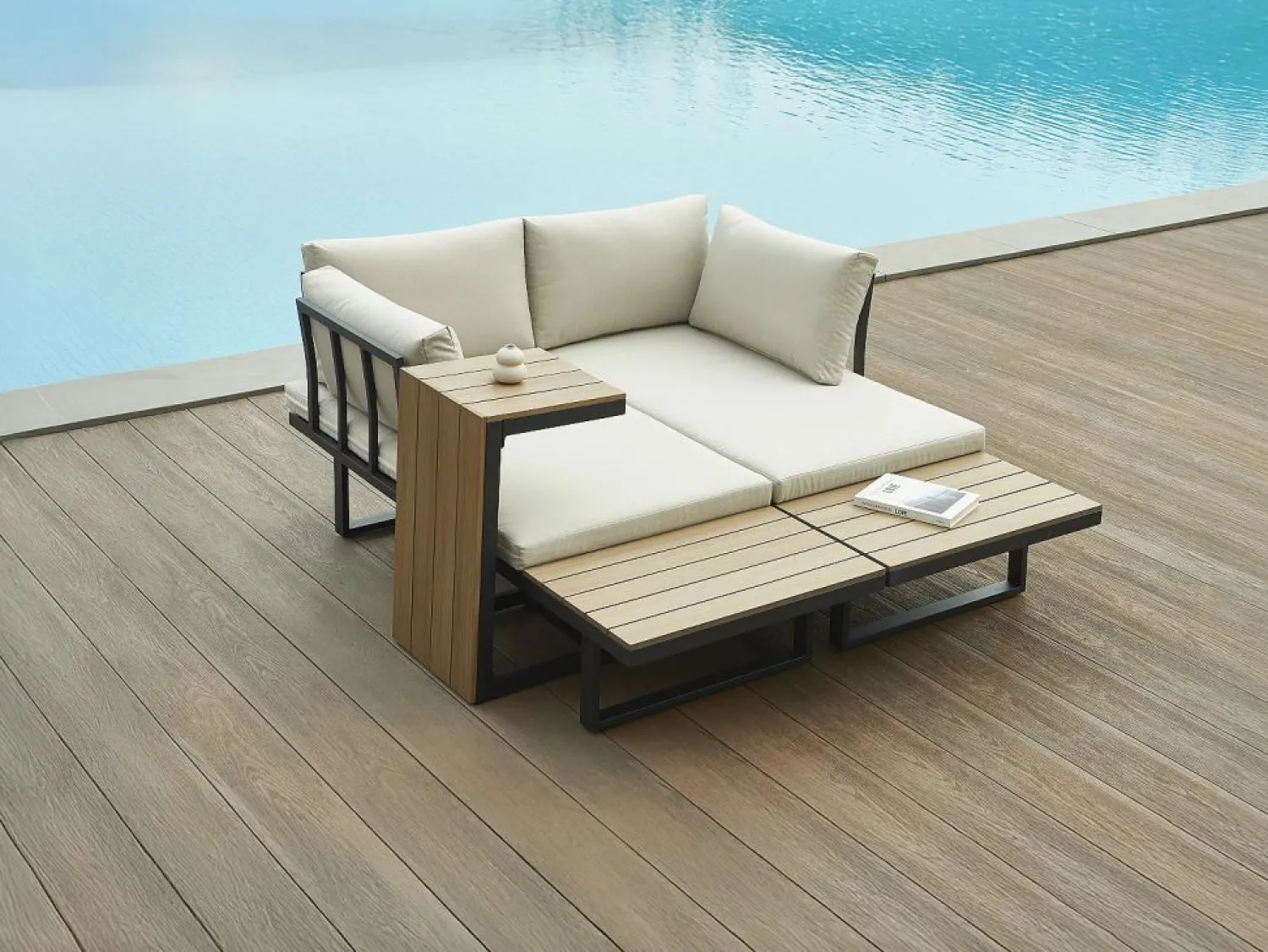 Discount MYLIA Salón de jardín modular de aluminio: 2 sofás y una mesa de centro - Antracita con cojines beige - BAMBAÏA de Gris antracita
