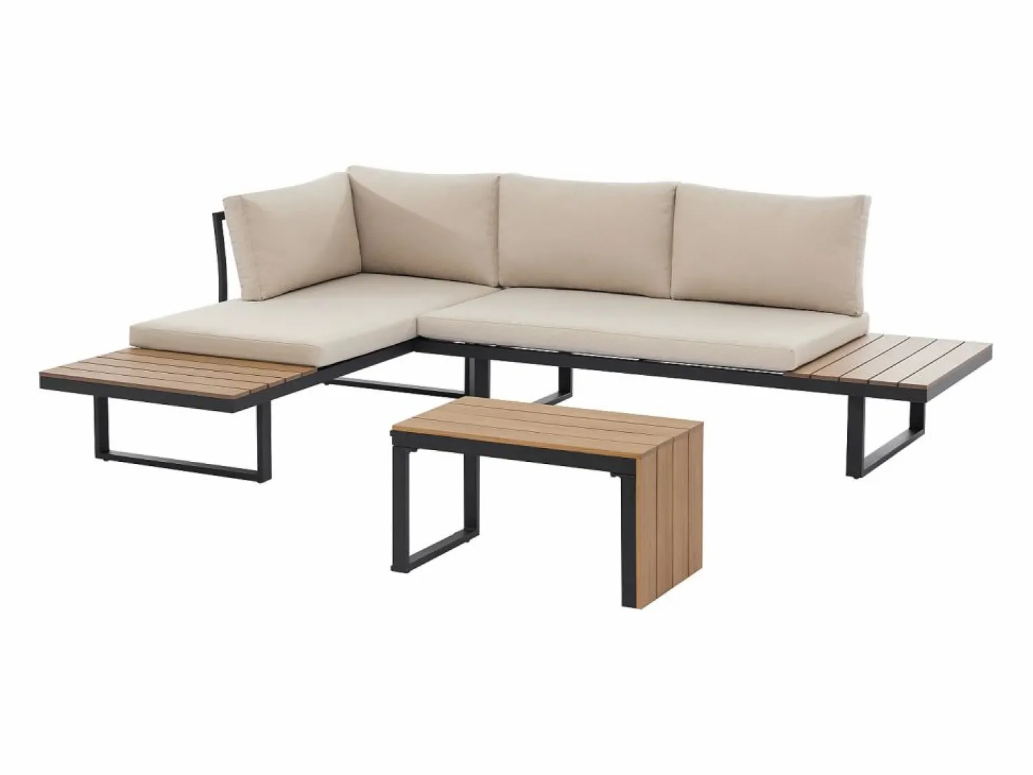 Discount MYLIA Salón de jardín modular de aluminio: 2 sofás y una mesa de centro - Antracita con cojines beige - BAMBAÏA de Gris antracita