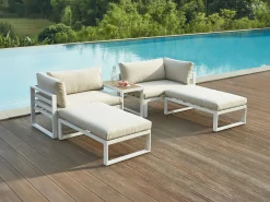 MYLIA Salón de jardín modular de aluminio - Blanco con cojines beige - NOLLAY de
