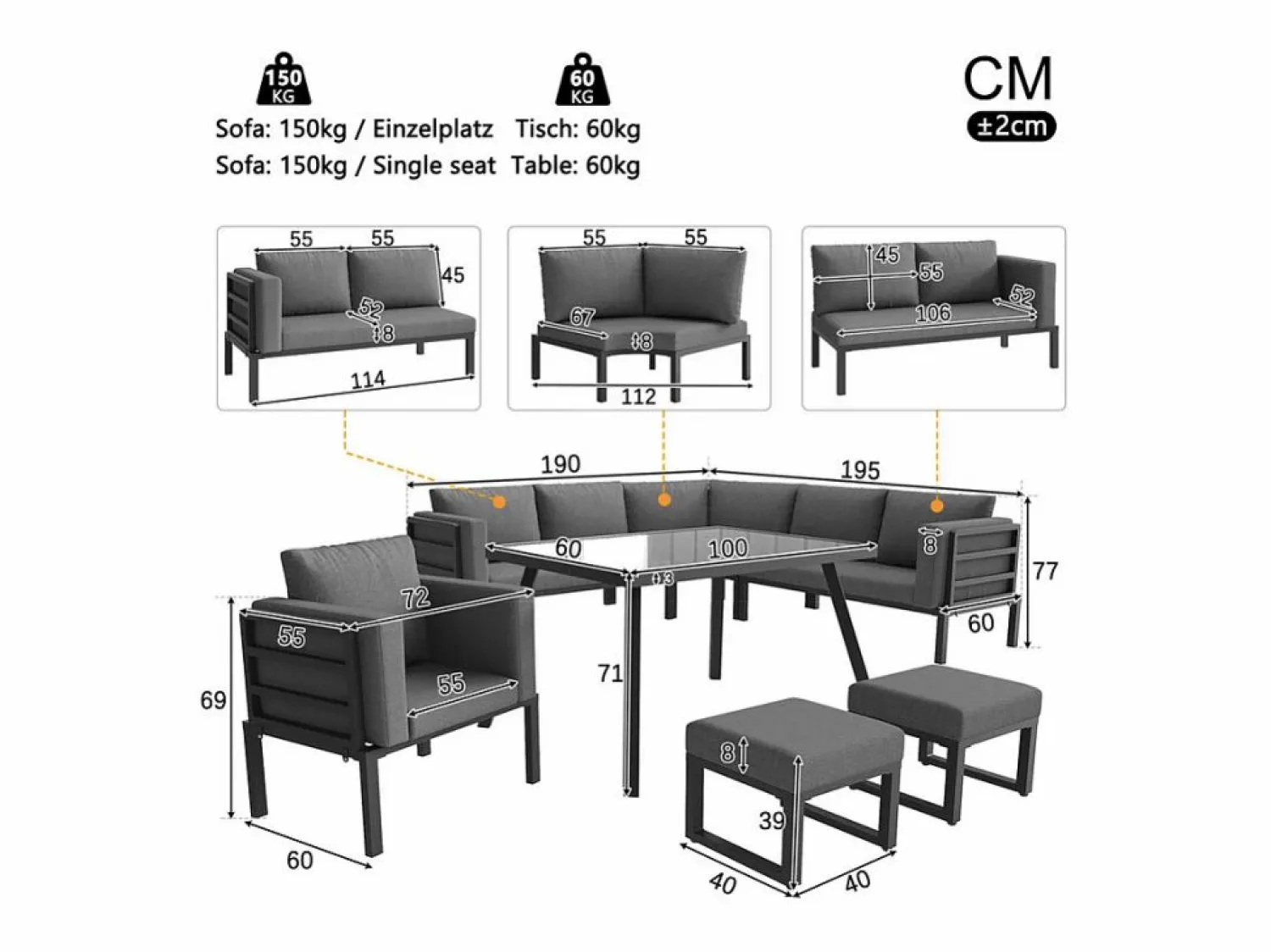 Outlet Salón de jardín modular metal: 1 sofá 5 plazas panorámico, 1 sillón, 2 taburetes y mesa centro - Salones De Jardín
