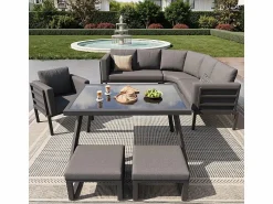 Outlet Salón de jardín modular metal: 1 sofá 5 plazas panorámico, 1 sillón, 2 taburetes y mesa centro - Salones De Jardín