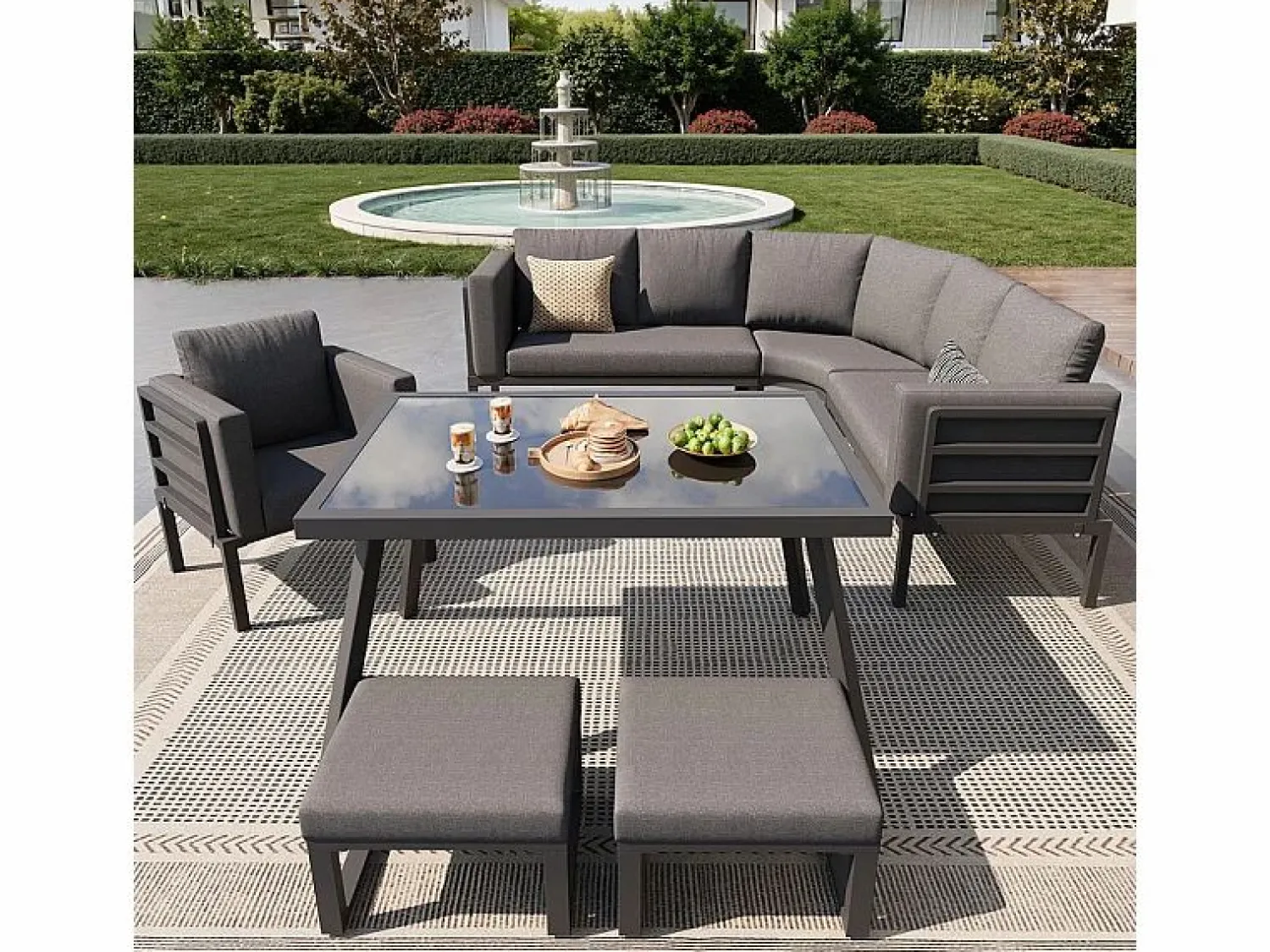 Outlet Salón de jardín modular metal: 1 sofá 5 plazas panorámico, 1 sillón, 2 taburetes y mesa centro - Salones De Jardín