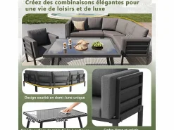 Outlet Salón de jardín modular metal: 1 sofá 5 plazas panorámico, 1 sillón, 2 taburetes y mesa centro - Salones De Jardín