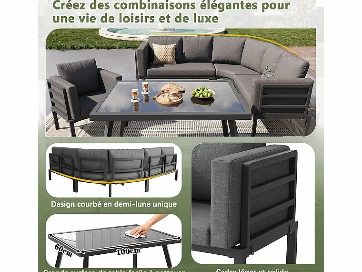 Outlet Salón de jardín modular metal: 1 sofá 5 plazas panorámico, 1 sillón, 2 taburetes y mesa centro - Salones De Jardín