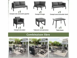 Outlet Salón de jardín modular metal: 1 sofá 5 plazas panorámico, 1 sillón, 2 taburetes y mesa centro - Salones De Jardín