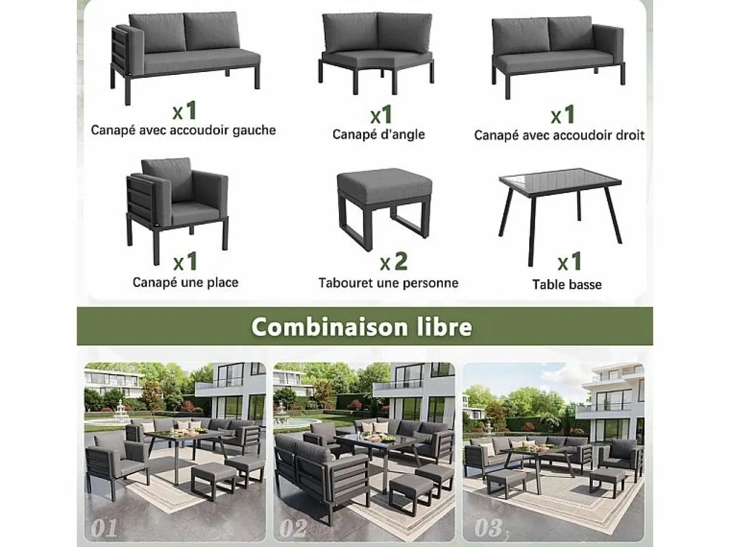 Outlet Salón de jardín modular metal: 1 sofá 5 plazas panorámico, 1 sillón, 2 taburetes y mesa centro - Salones De Jardín