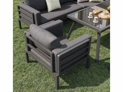 Outlet Salón de jardín modular metal: 1 sofá 5 plazas panorámico, 1 sillón, 2 taburetes y mesa centro - Salones De Jardín