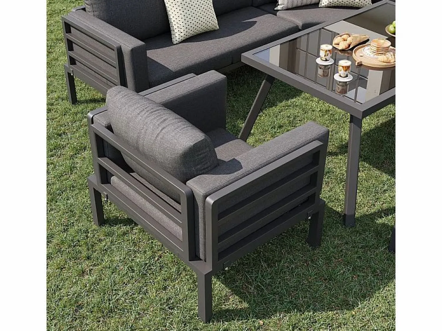 Outlet Salón de jardín modular metal: 1 sofá 5 plazas panorámico, 1 sillón, 2 taburetes y mesa centro - Salones De Jardín