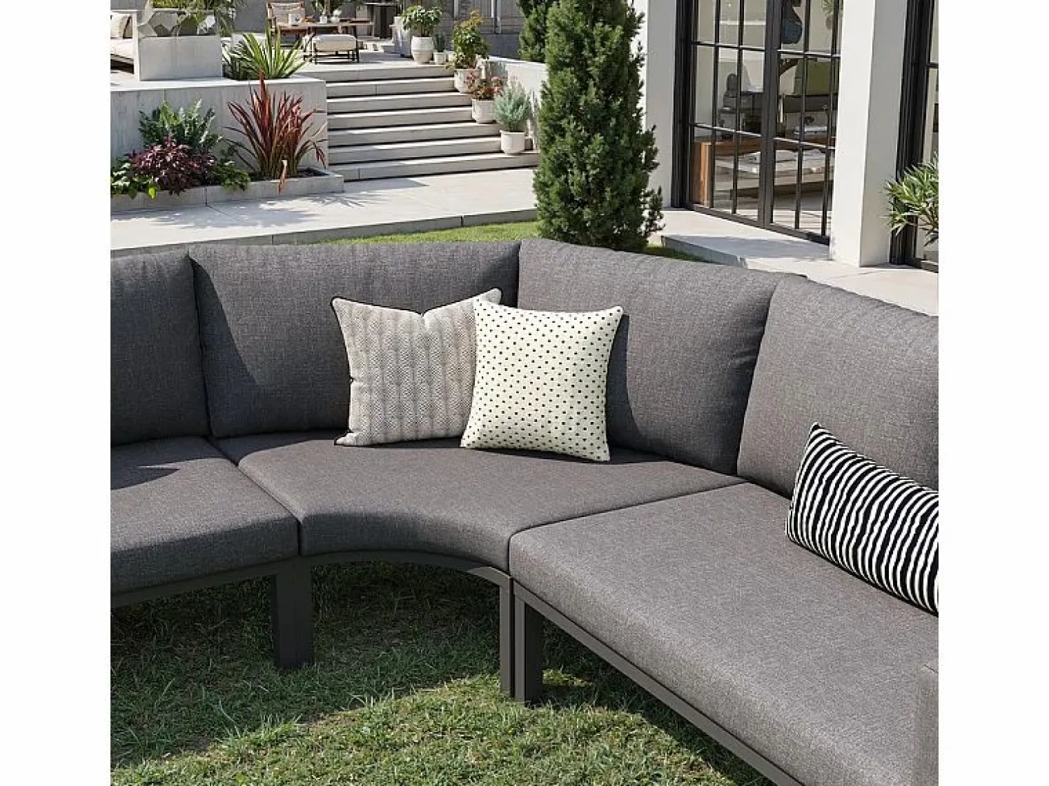 Outlet Salón de jardín modular metal: 1 sofá 5 plazas panorámico, 1 sillón, 2 taburetes y mesa centro - Salones De Jardín