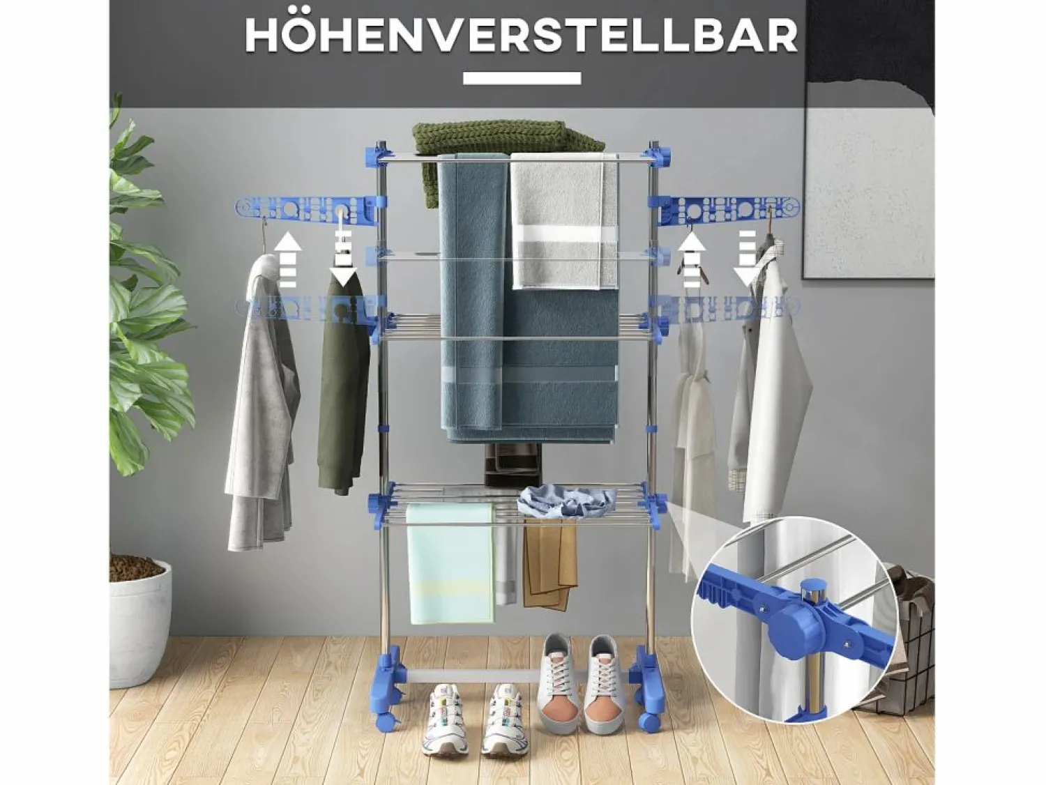 Online Secadora de ropa con ruedas, 3 niveles con alas laterales, acero, (142x55x152 cm) Perchero